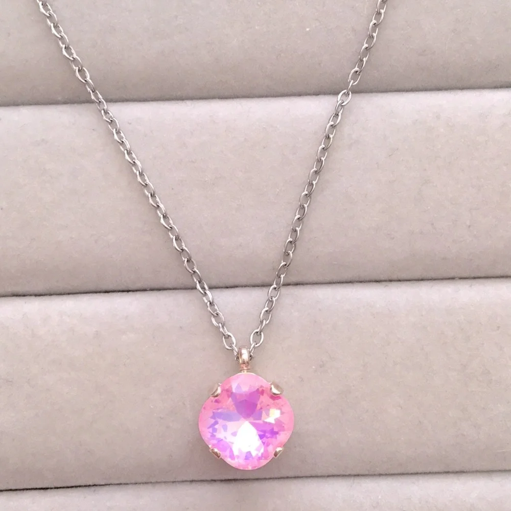 Pink Opal Aurora Borealis + Silver Cushion Cut Crystal Drop Pendant Necklace - Picture 5 of 7